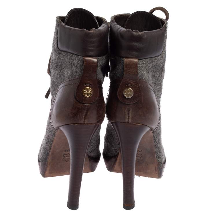 Pre Owned Tory Burch Brown/Grey Wool and Leather Lawson Boots Size 37.5