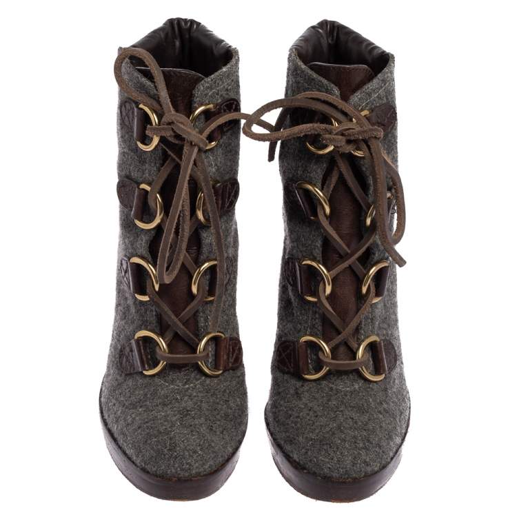 Pre Owned Tory Burch Brown/Grey Wool and Leather Lawson Boots Size 37.5
