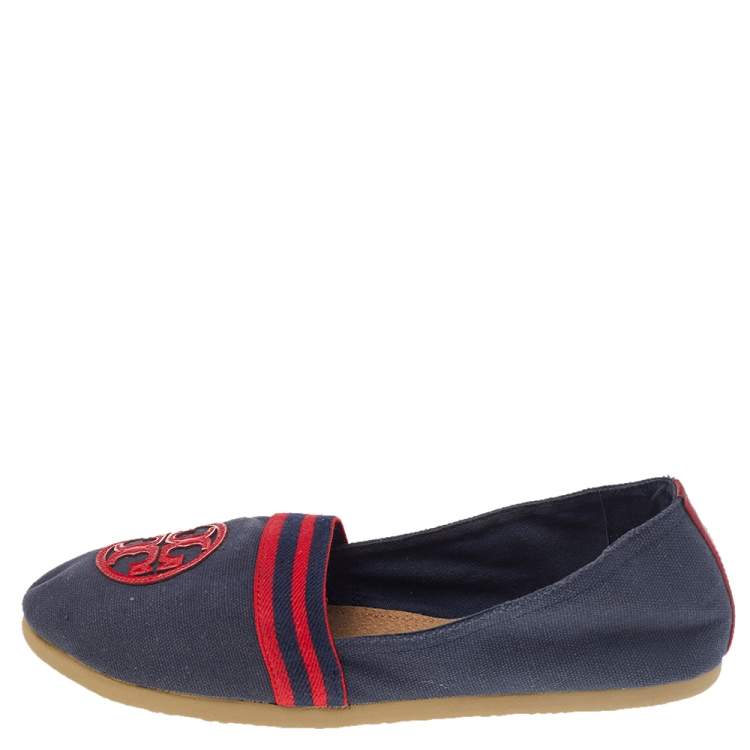 Tory Burch Navy Blue/Red Canvas And Patent Leather Logo Slip On Flats Size  38 Tory Burch | TLC