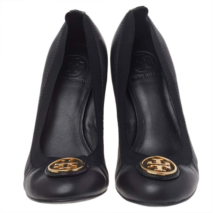 Pre Owned Tory Burch Black Leather Caroline Wedge Pumps Size 37.5