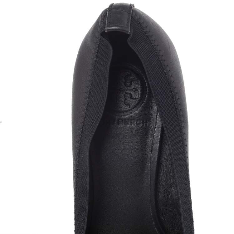 Pre Owned Tory Burch Black Leather Caroline Wedge Pumps Size 37.5