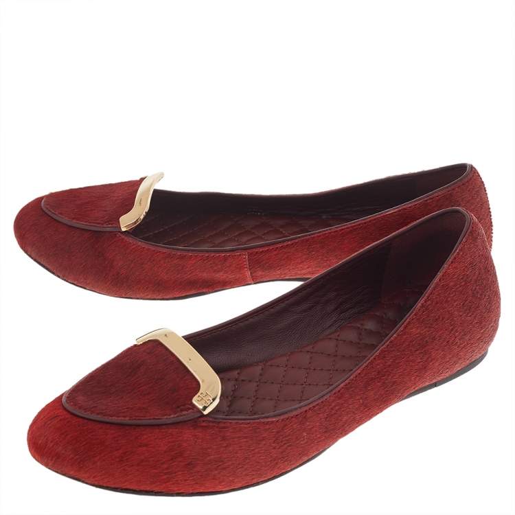 Pre Owned Tory Burch Red Calf Hair Ballet Flats Size 36.5