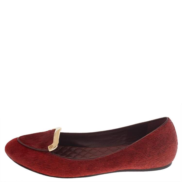 Pre Owned Tory Burch Red Calf Hair Ballet Flats Size 36.5