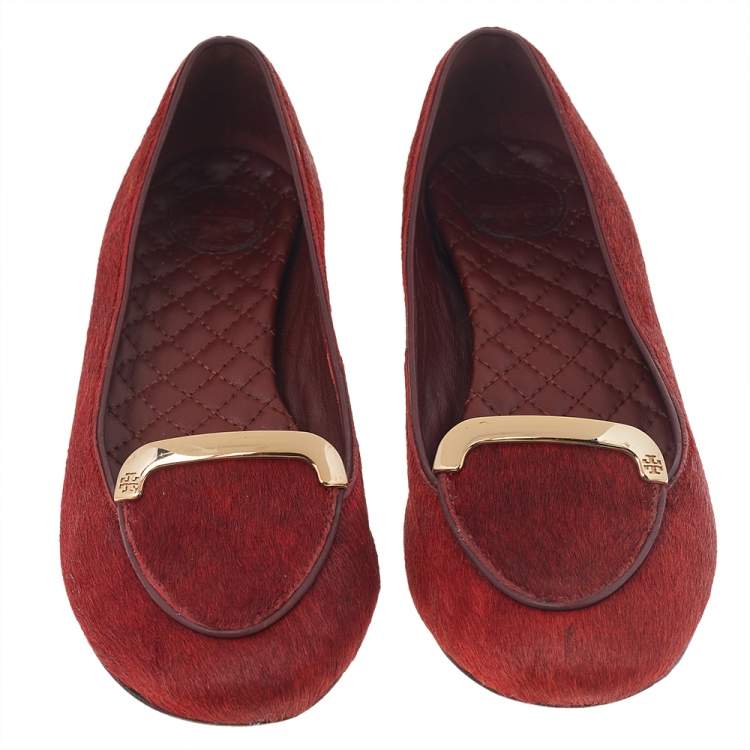 Pre Owned Tory Burch Red Calf Hair Ballet Flats Size 36.5