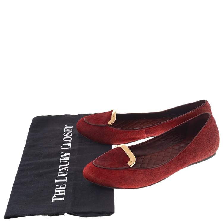 Pre Owned Tory Burch Red Calf Hair Ballet Flats Size 36.5