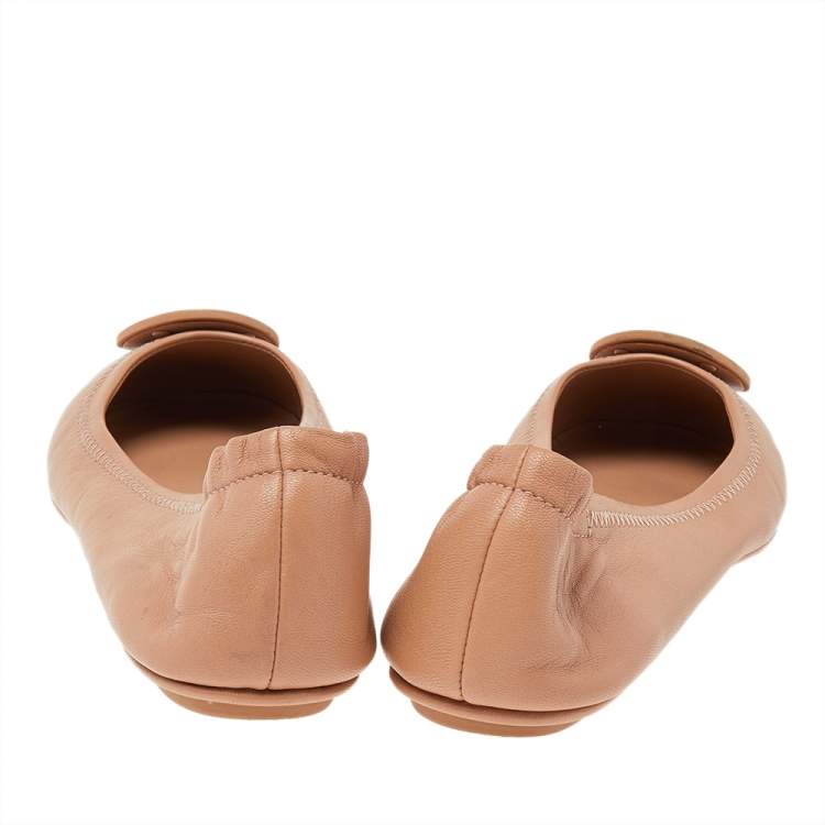 Pre Owned Tory Burch Beige Leather Reva Ballet Flats Size 37.5