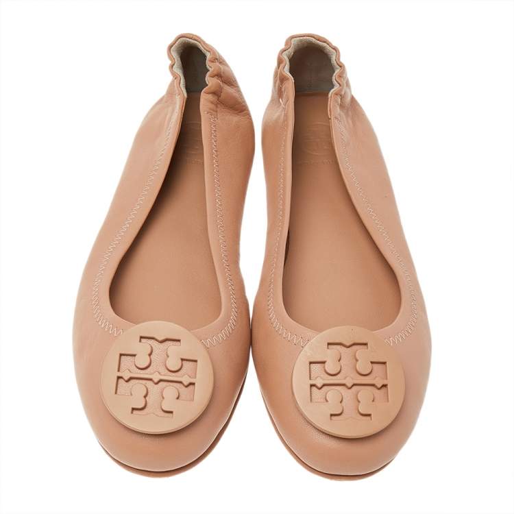 Pre Owned Tory Burch Beige Leather Reva Ballet Flats Size 37.5