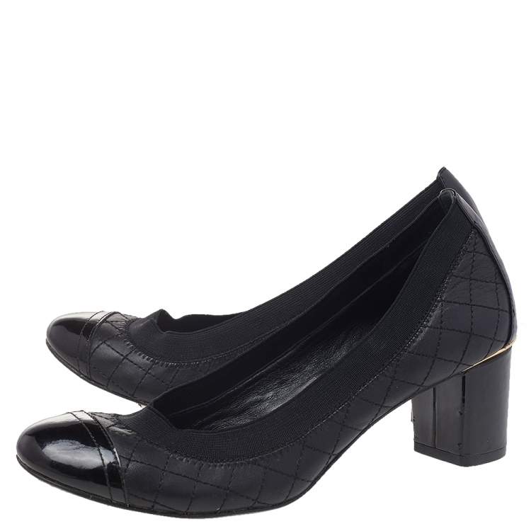 Pre Owned Tory Burch Black Patent And Quilted Leather Cap Toe Caroline Scrunch Block Heel Pumps Size 37