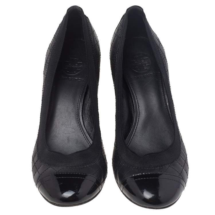 Pre Owned Tory Burch Black Patent And Quilted Leather Cap Toe Caroline Scrunch Block Heel Pumps Size 37