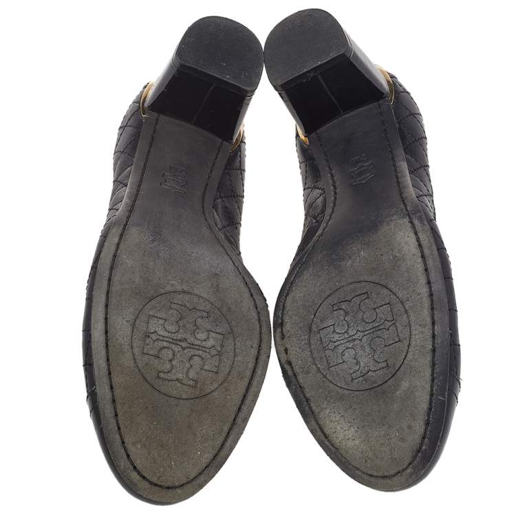 Pre Owned Tory Burch Black Patent And Quilted Leather Cap Toe Caroline Scrunch Block Heel Pumps Size 37