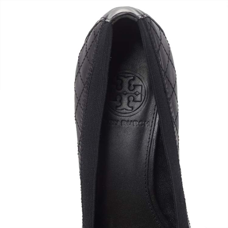 Pre Owned Tory Burch Black Patent And Quilted Leather Cap Toe Caroline Scrunch Block Heel Pumps Size 37