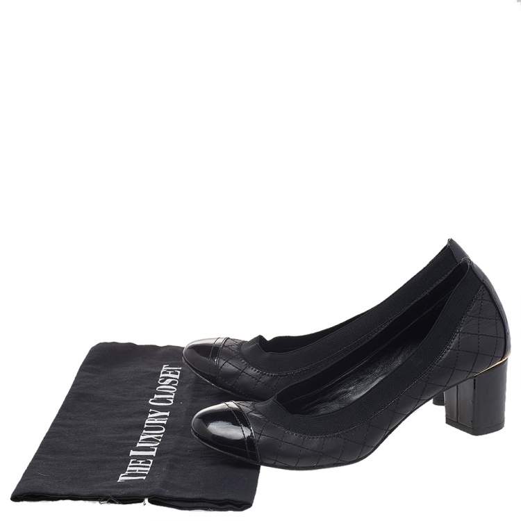 Pre Owned Tory Burch Black Patent And Quilted Leather Cap Toe Caroline Scrunch Block Heel Pumps Size 37