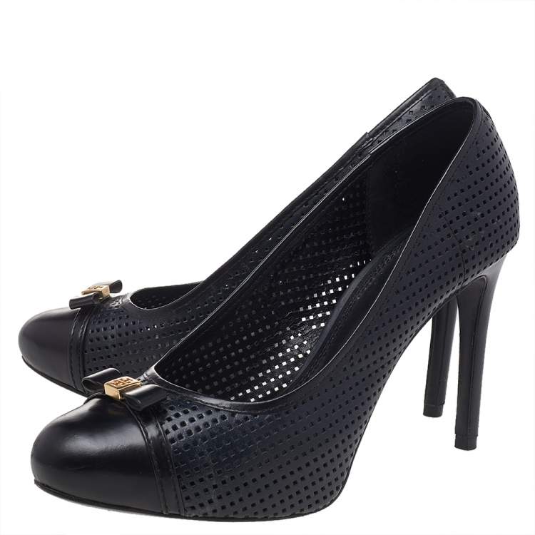 Pre Owned Tory Burch Black/Blue Perforated Leather Bow Pumps Size 38
