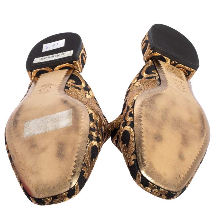 Pre Owned Tory Burch Gold/Black Fabric Carlotta Embroidered Mules Size 38.5