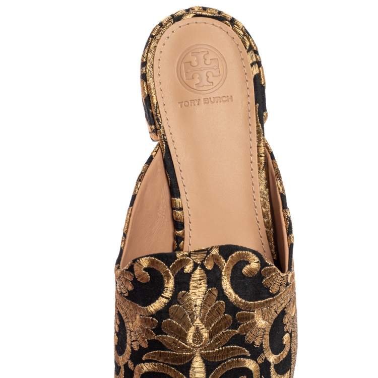 Pre Owned Tory Burch Gold/Black Fabric Carlotta Embroidered Mules Size 38.5
