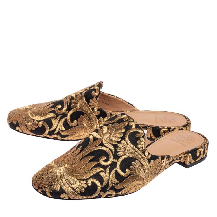 Pre Owned Tory Burch Gold/Black Fabric Carlotta Embroidered Mules Size 38.5