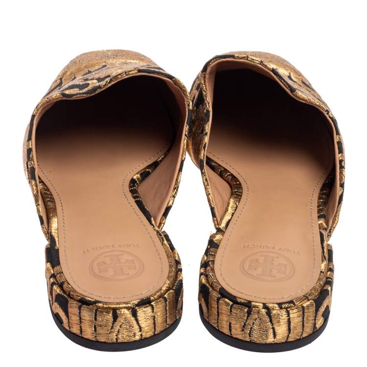 Pre Owned Tory Burch Gold/Black Fabric Carlotta Embroidered Mules Size 38.5