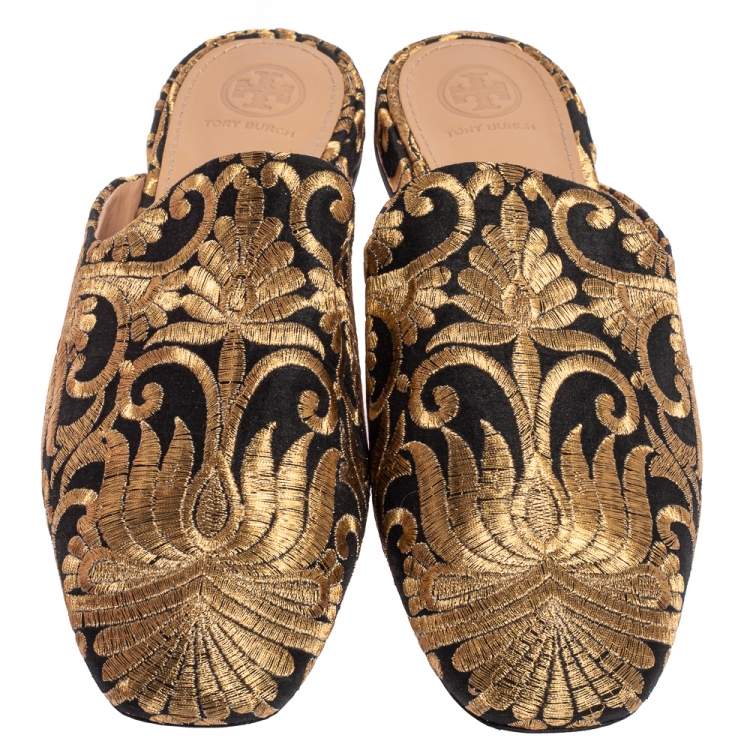 Pre Owned Tory Burch Gold/Black Fabric Carlotta Embroidered Mules Size 38.5