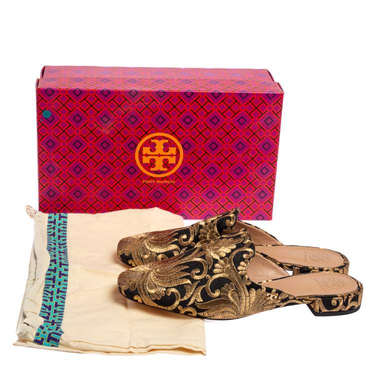 Pre Owned Tory Burch Gold/Black Fabric Carlotta Embroidered Mules Size 38.5