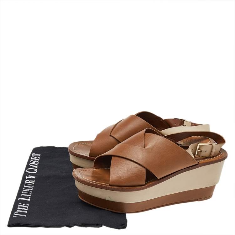مملوكة مسبقًا Tory Burch Brown/Beige Leather Platform Wedge Slingback Sandals Size 38.5