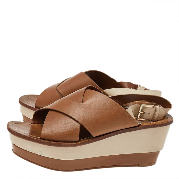 مملوكة مسبقًا Tory Burch Brown/Beige Leather Platform Wedge Slingback Sandals Size 38.5