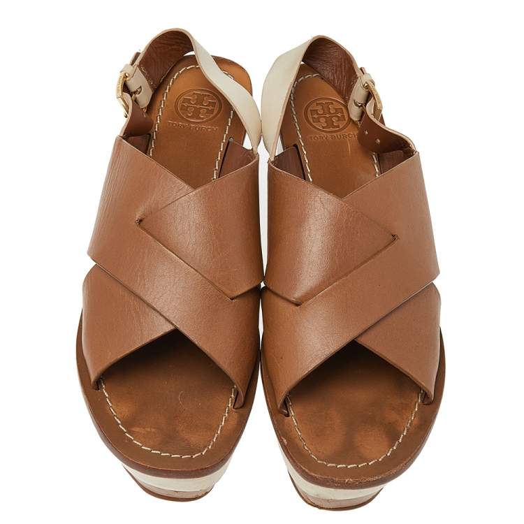 مملوكة مسبقًا Tory Burch Brown/Beige Leather Platform Wedge Slingback Sandals Size 38.5