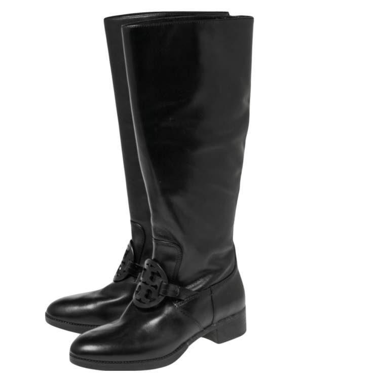 Pre Owned Tory Burch Black Leather Knee High Boots Size 39