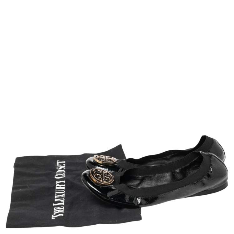 Pre Owned Tory Burch Black Patent Leather Scrunch Ballet Flats Size 38