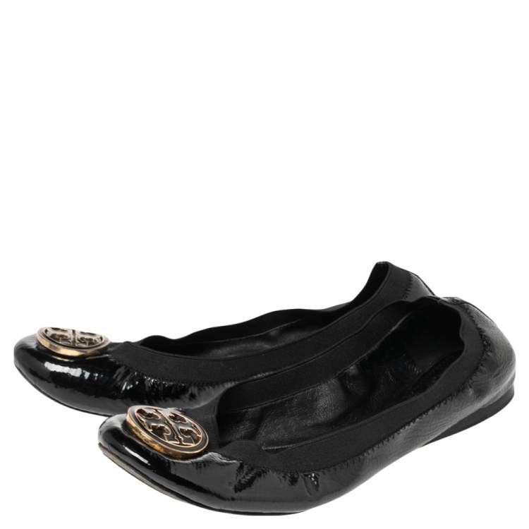 Pre Owned Tory Burch Black Patent Leather Scrunch Ballet Flats Size 38