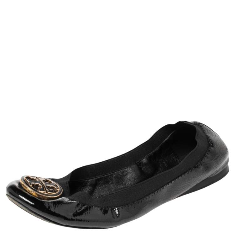Pre Owned Tory Burch Black Patent Leather Scrunch Ballet Flats Size 38
