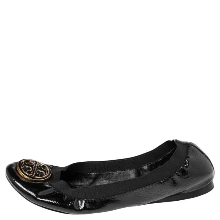 Pre Owned Tory Burch Black Patent Leather Scrunch Ballet Flats Size 38