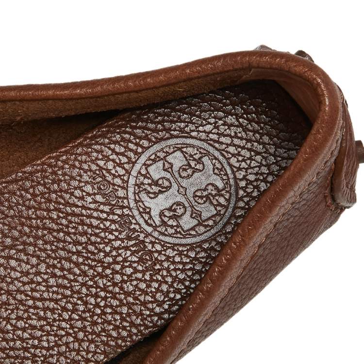 Pre Owned Tory Burch Brown Leather Bow Slip On Loafers Size 36.5
