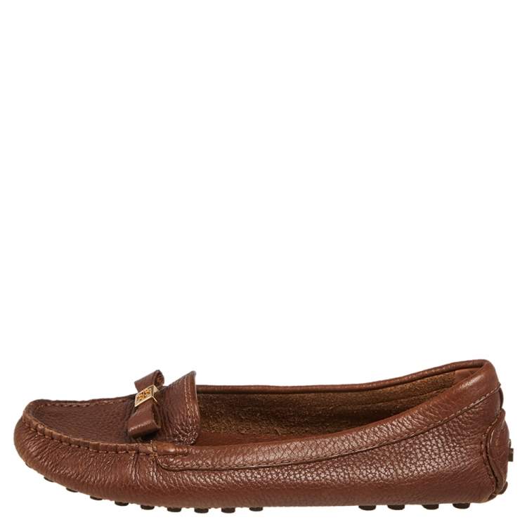 Pre Owned Tory Burch Brown Leather Bow Slip On Loafers Size 36.5
