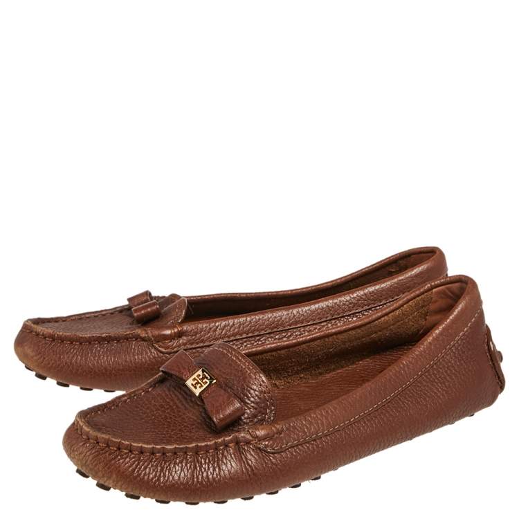 Pre Owned Tory Burch Brown Leather Bow Slip On Loafers Size 36.5