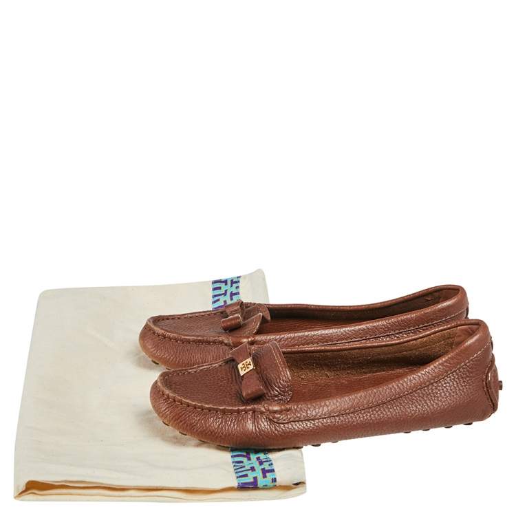 Pre Owned Tory Burch Brown Leather Bow Slip On Loafers Size 36.5