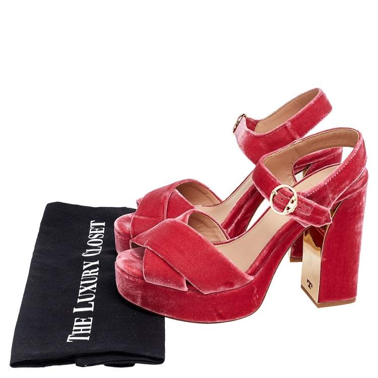 Pre Owned Tory Burch Pink Velvet Loretta Platform Ankle Strap Sandals Size 38