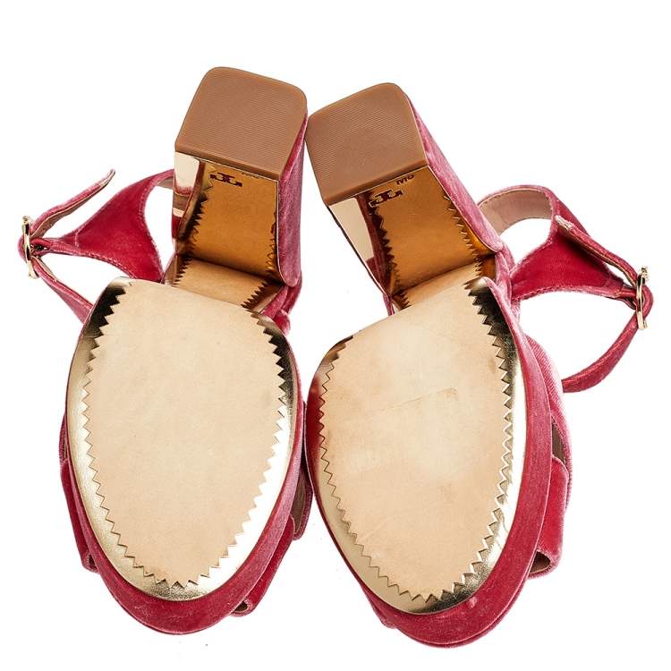 Pre Owned Tory Burch Pink Velvet Loretta Platform Ankle Strap Sandals Size 38
