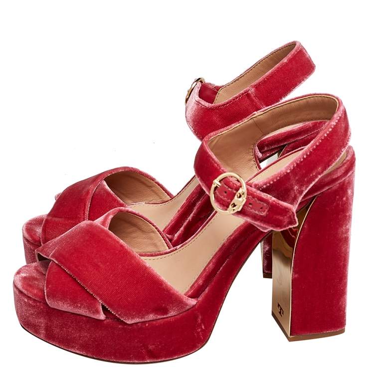 Pre Owned Tory Burch Pink Velvet Loretta Platform Ankle Strap Sandals Size 38