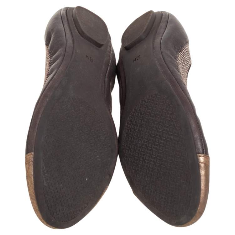 Pre Owned Tory Burch Gold/Brown Leather Scrunch Ballet Flats Size 35.5