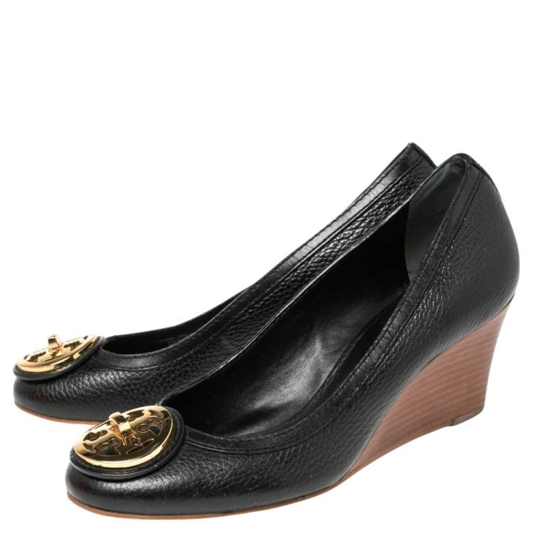 Pre Owned Tory Burch Black Leather Reva Logo Wedge Pumps Size 37