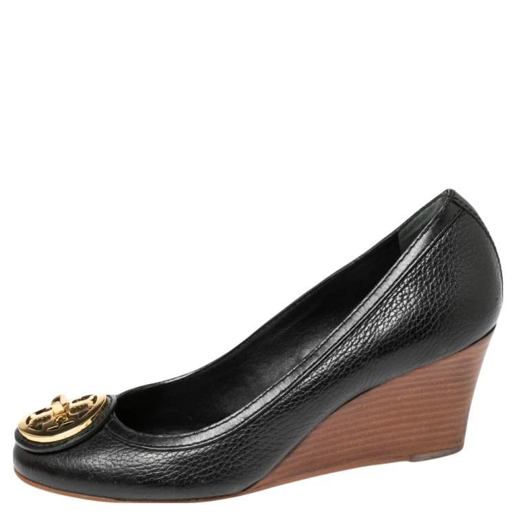 Pre Owned Tory Burch Black Leather Reva Logo Wedge Pumps Size 37