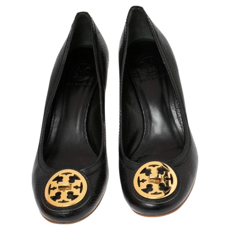Pre Owned Tory Burch Black Leather Reva Logo Wedge Pumps Size 37