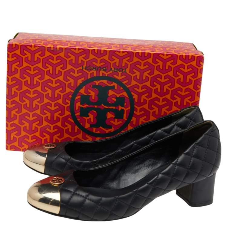 Pre Owned Tory Burch Black Quilted Leather Cap-Toe Pumps Size 39