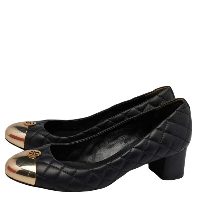 Pre Owned Tory Burch Black Quilted Leather Cap-Toe Pumps Size 39