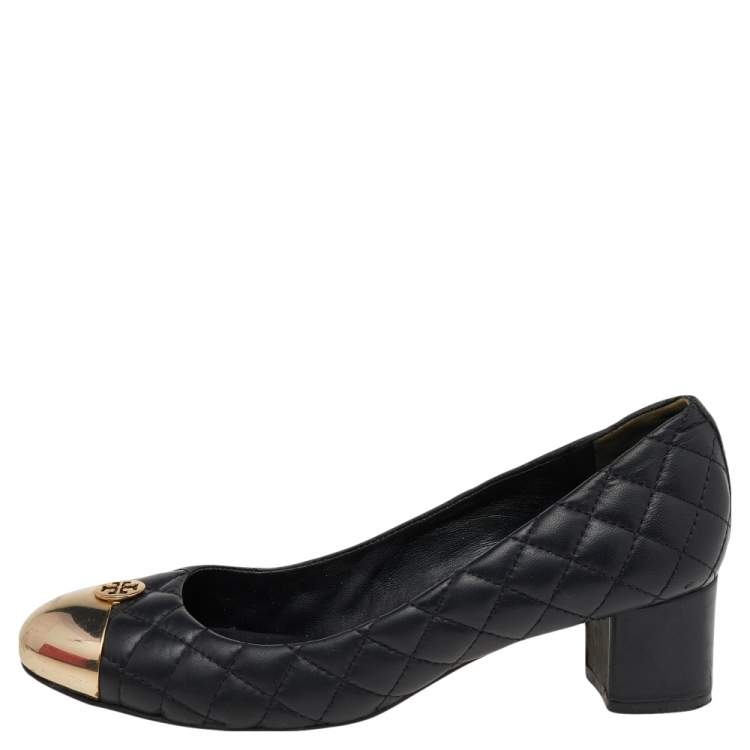 Pre Owned Tory Burch Black Quilted Leather Cap-Toe Pumps Size 39