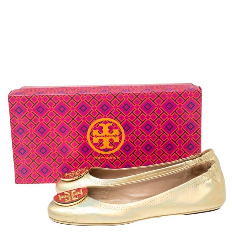 Pre Owned Tory Burch Metallic Gold Leather Minnie Scrunch Ballet Flats Size 37.5