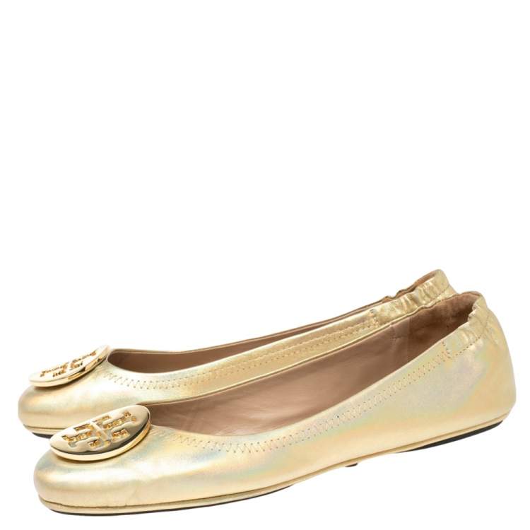 Pre Owned Tory Burch Metallic Gold Leather Minnie Scrunch Ballet Flats Size 37.5