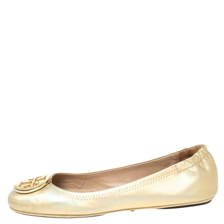 Pre Owned Tory Burch Metallic Gold Leather Minnie Scrunch Ballet Flats Size 37.5