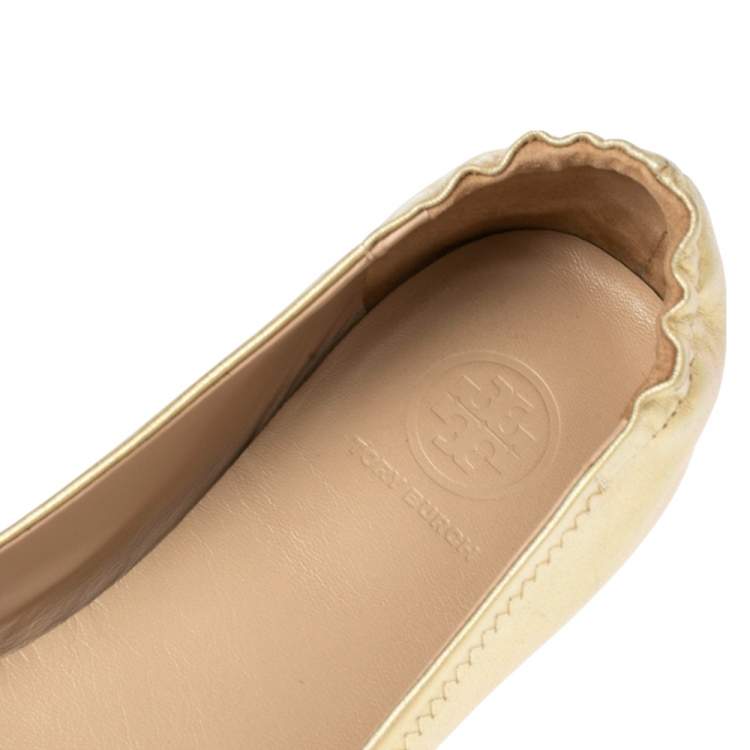 Pre Owned Tory Burch Metallic Gold Leather Minnie Scrunch Ballet Flats Size 37.5