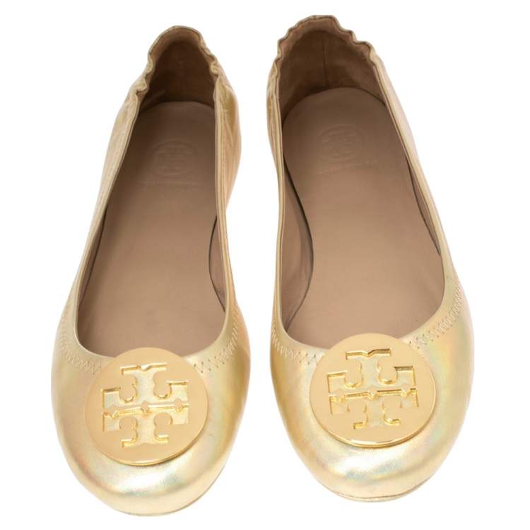 Pre Owned Tory Burch Metallic Gold Leather Minnie Scrunch Ballet Flats Size 37.5